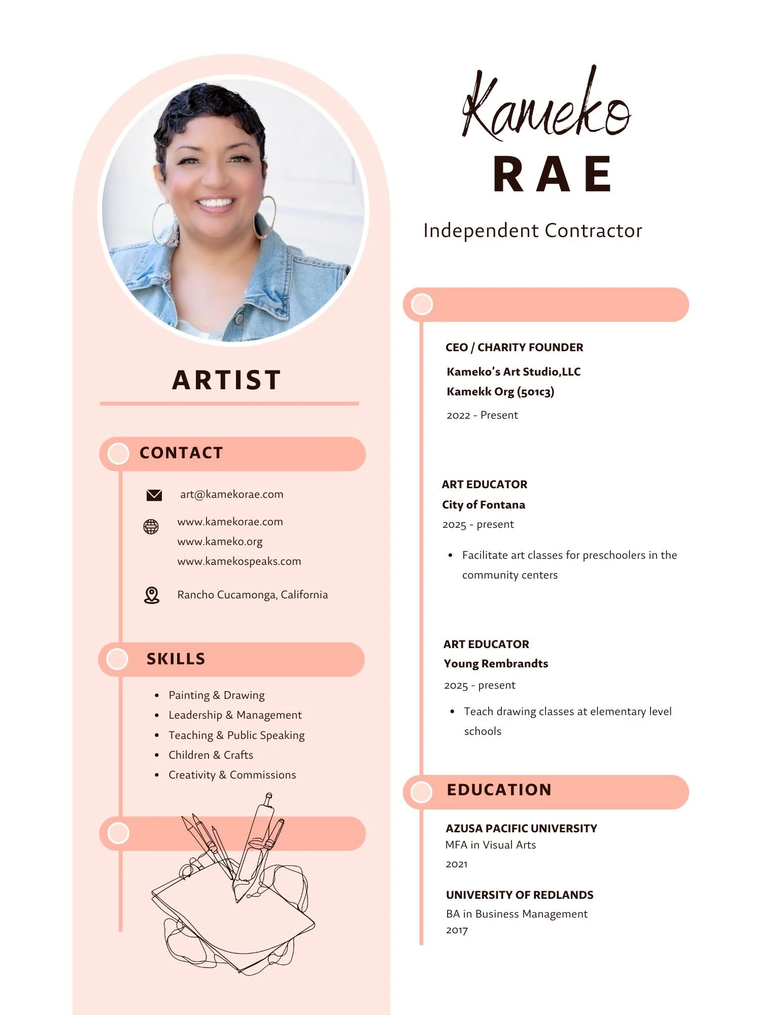 A professional resume template featuring a circular photo of a smiling woman with short dark hair, wearing hoop earrings and a denim jacket. The layout includes sections for name, title, contact information, skills, education, and work experience, with decorative pastel pink accents and line drawings of art supplies.