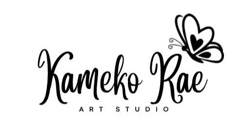 Logo for Kameko Rae Art Studio featuring stylized text and a butterfly illustration.