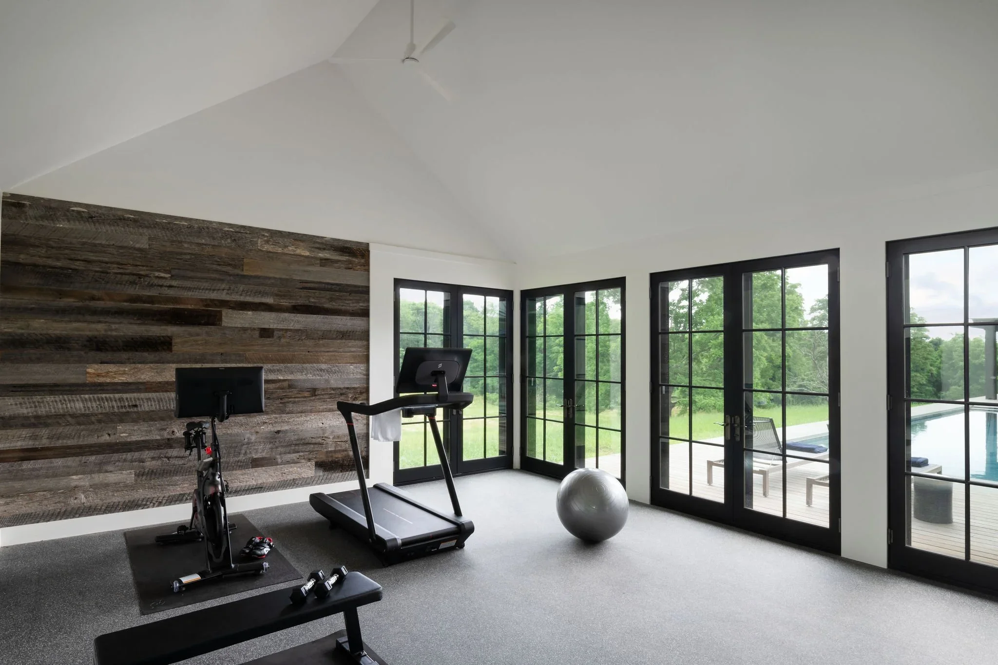 Home gym with treadmill, stationary bike, exercise mat, dumbbells, exercise ball, and large windows overlooking greenery.