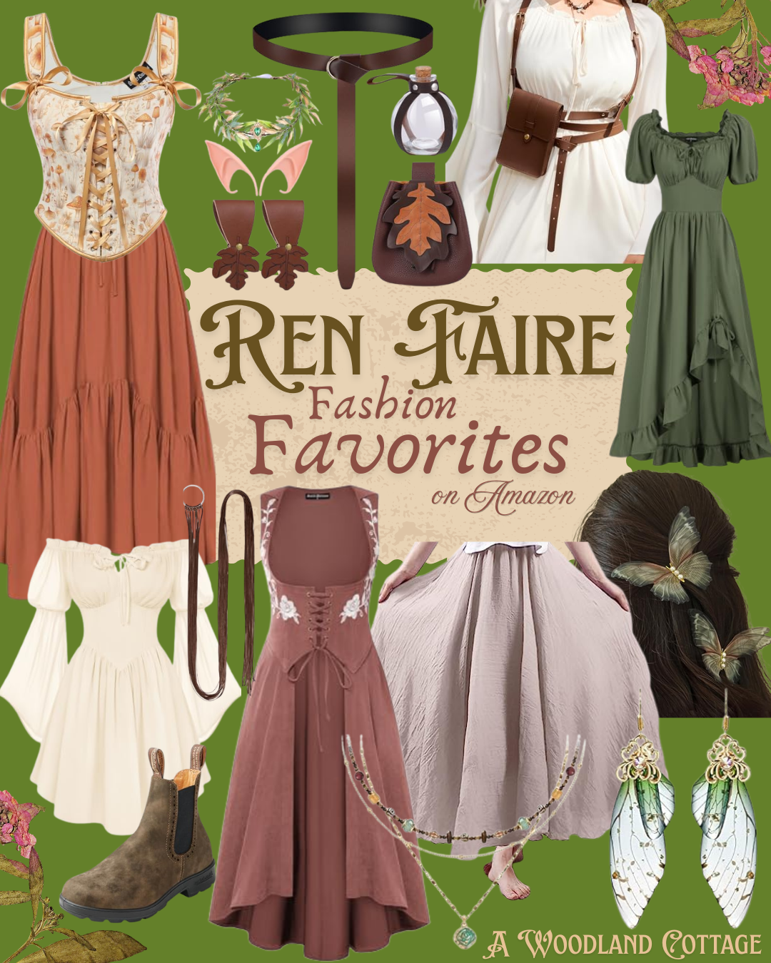 Ren Faire Fashion Finds text is surrounded by fantasy themed clothing and accessories