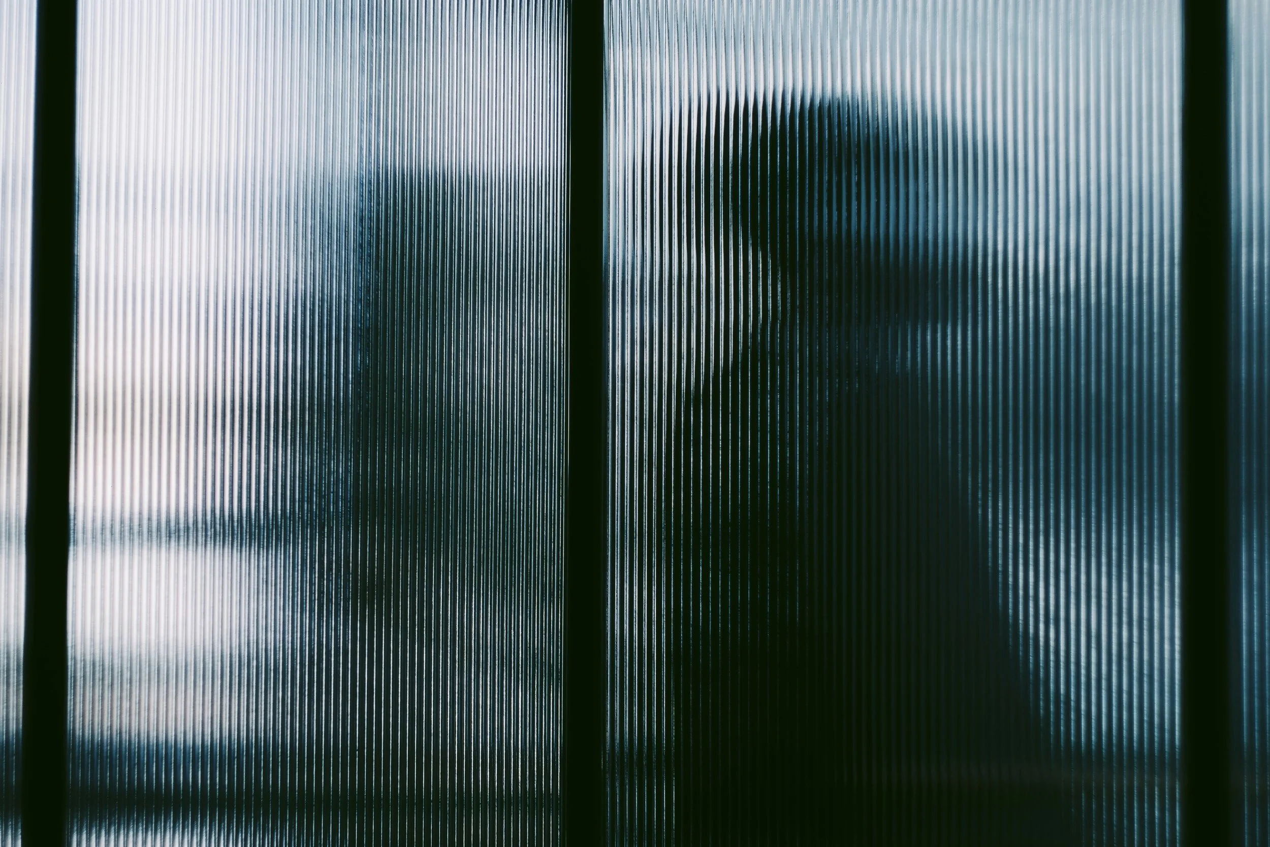 Two blurred figures behind a textured glass or plastic barrier with vertical ridges, creating a silhouette effect.