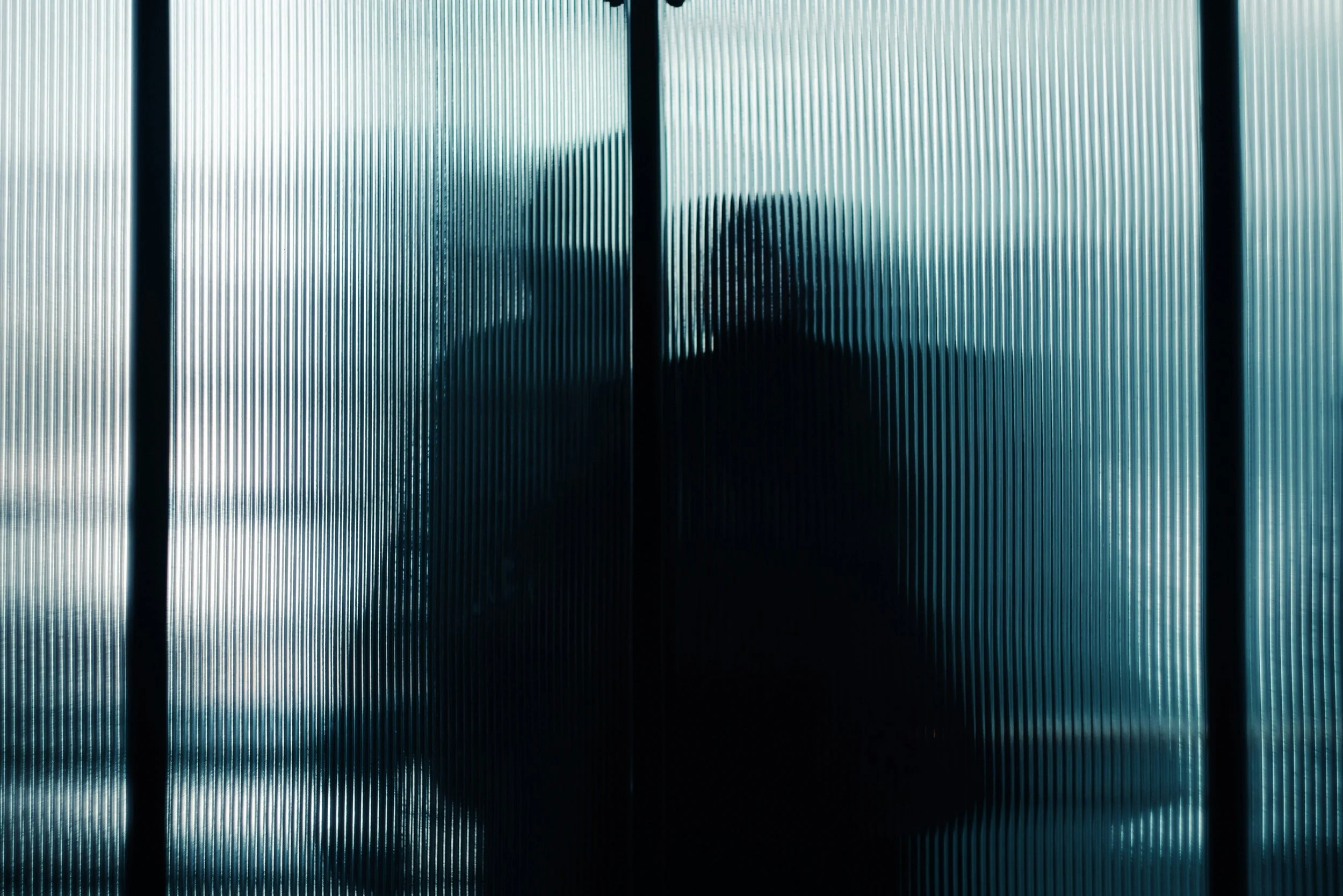 Silhouette of two people seen through frosted glass panels, creating a blurred and shadowy appearance.
