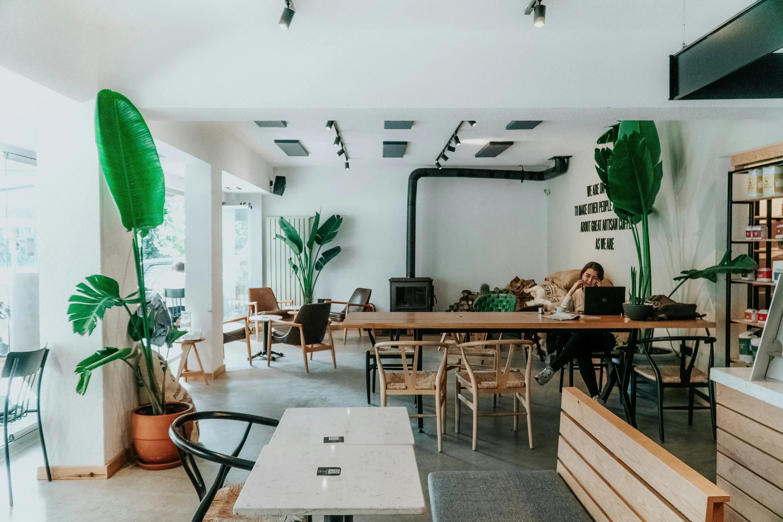 Interior of a modern cafe with white walls, wooden furniture, large green plants, and a person working on a laptop at a long wooden table.