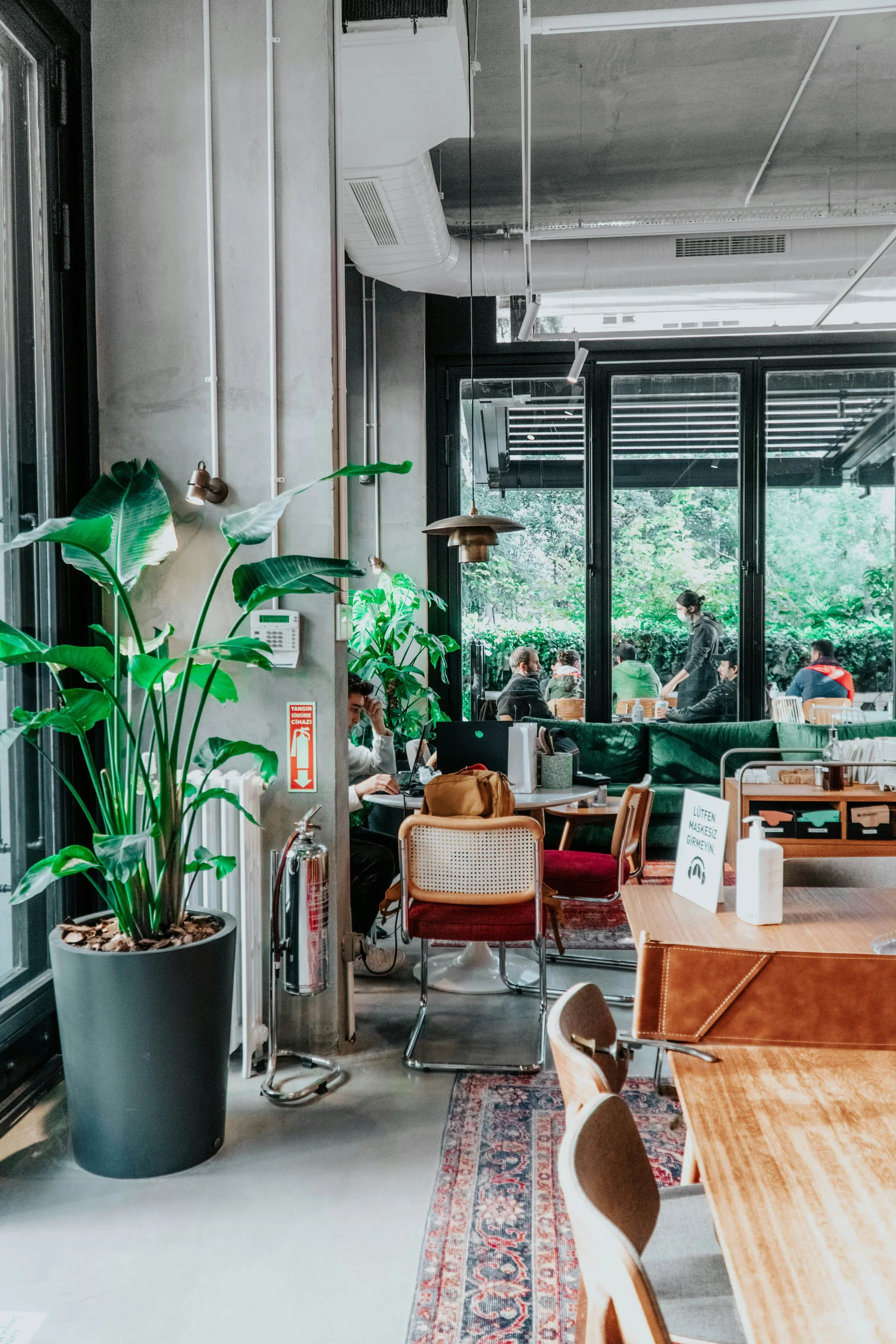A modern indoor café or restaurant with large glass windows and green plants. There are people sitting at tables, some working on laptops and others talking. The decor includes a patterned rug, wooden tables, and chairs, with signs and sanitizer on the tables.