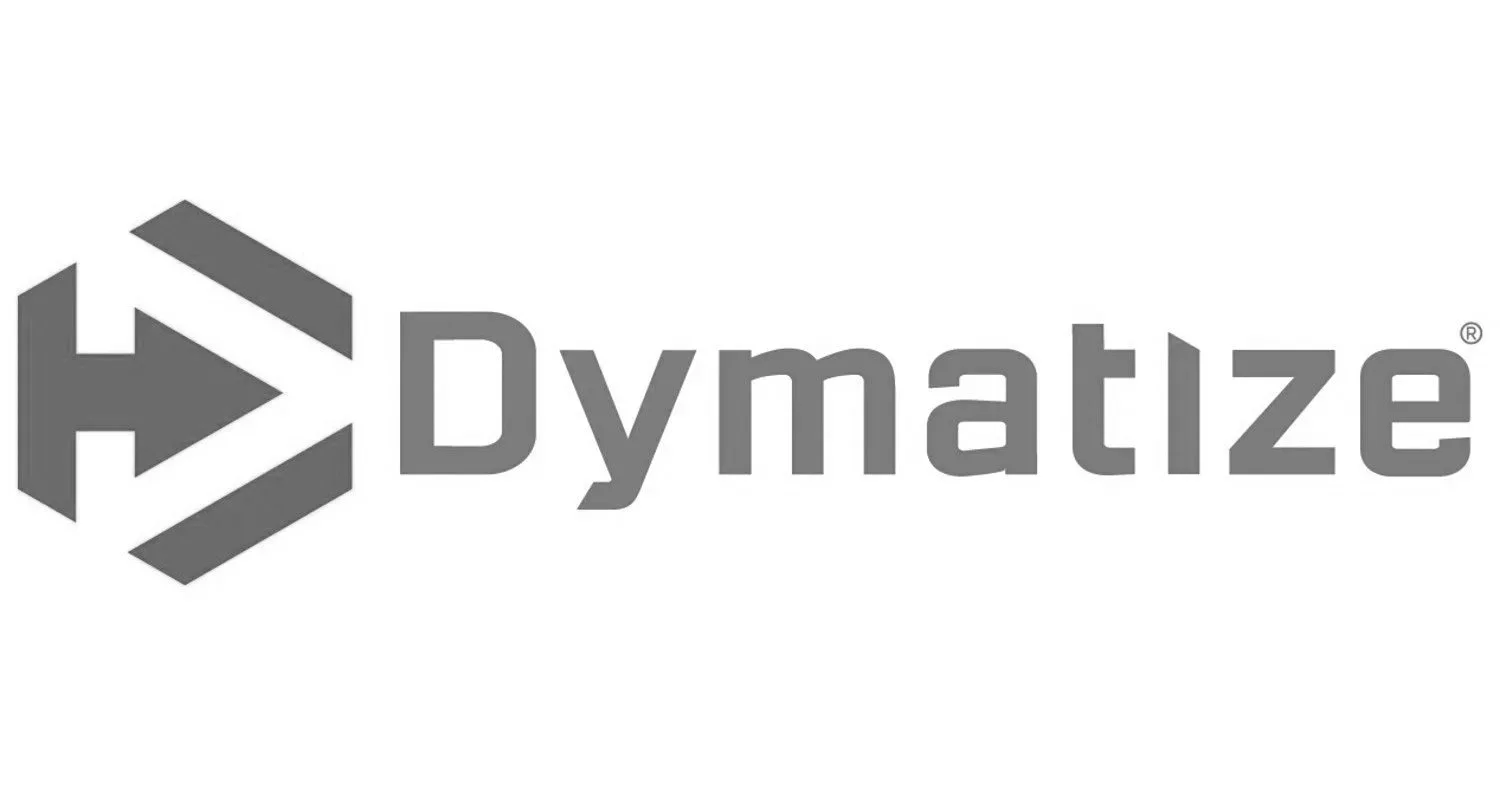 Dymatize Logo - Gray logo with geometric arrow symbol and the word 'Dymatize' in gray letters.