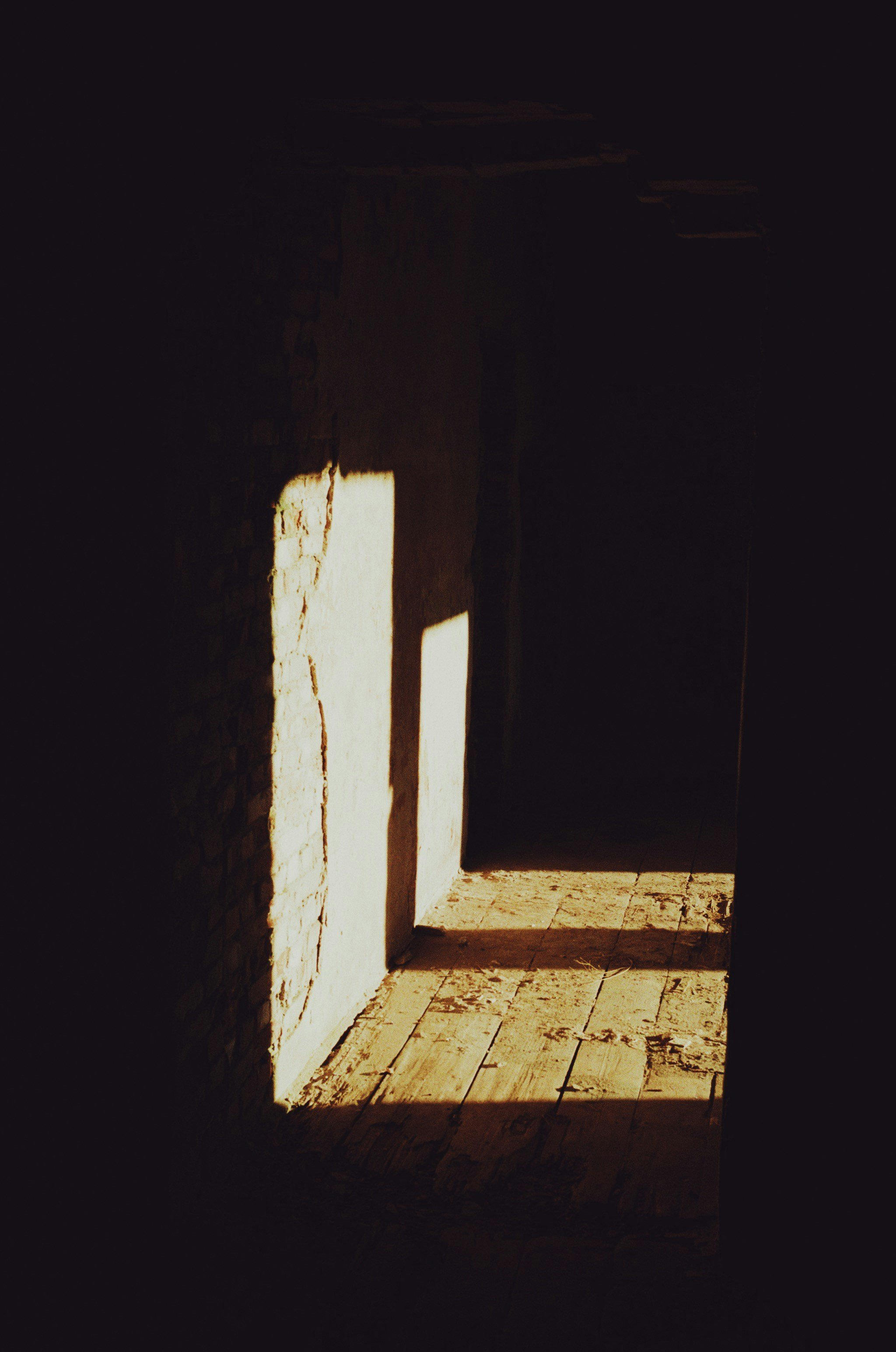 Sunlight coming through a doorway, casting shadows on the wooden floor and brick wall inside a dark room.