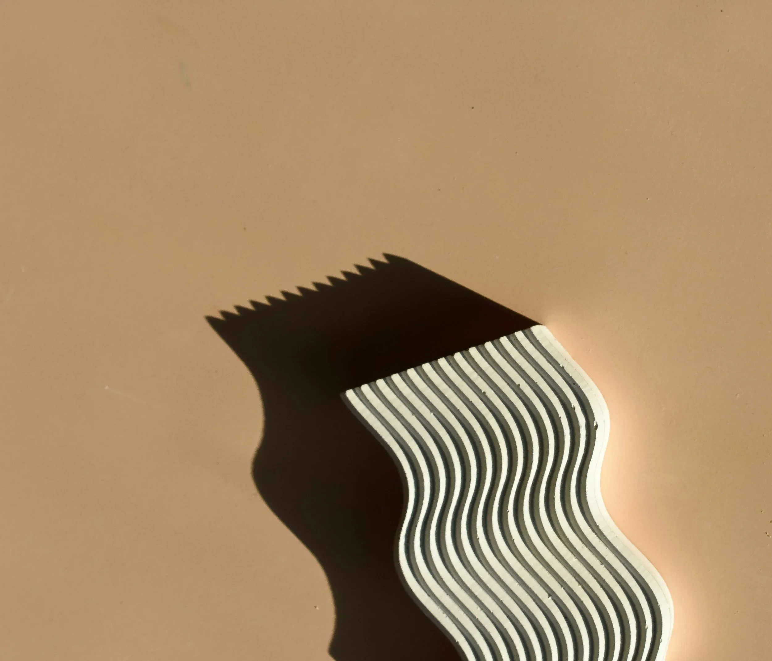 Close-up of a black and white striped object, possibly a shoe, on a beige surface with a shadow cast underneath.