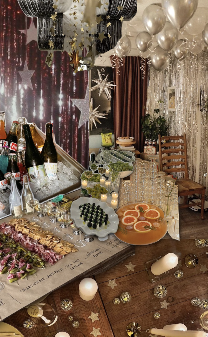 Decorated party table with balloons, candles, snacks, and drinks, with a festive backdrop of stars and streamers.