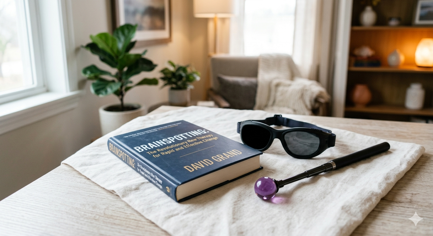 Brainspotting tools including David Grand book goggles and purple glass pointer at CCA Therapy Indianapolis