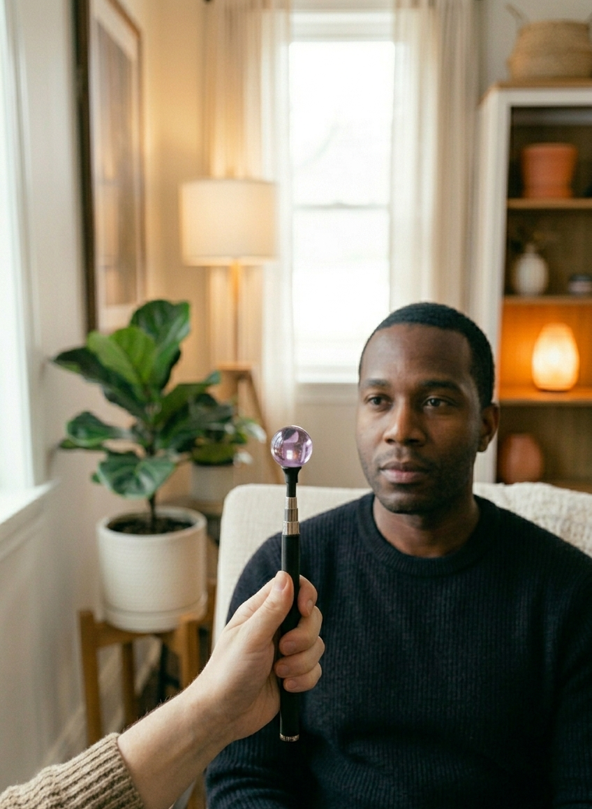 Brainspotting therapy session in Indianapolis showing client following pointer with gaze at Circle City Alliance Therapy