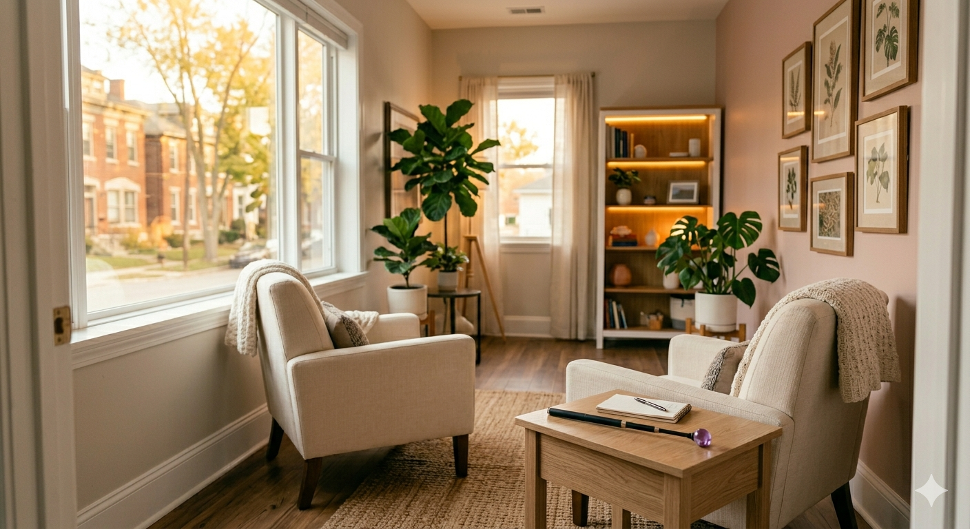 Warm and welcoming therapy office at Circle City Alliance Therapy Indianapolis with Brainspotting pointer on side table