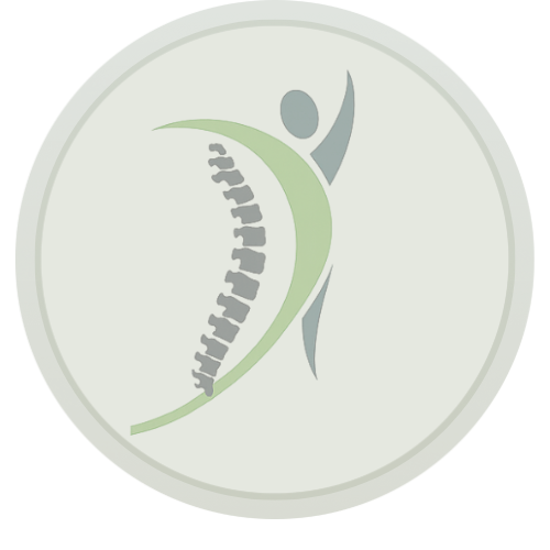 An abstract logo featuring a stylized human figure with arms raised, intertwined with a spine graphic, in shades of green and gray.