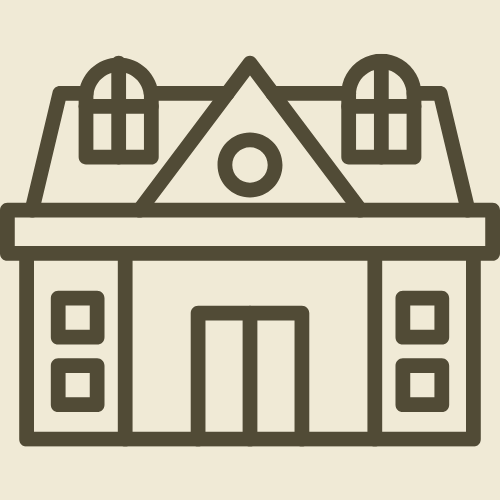 Illustration of a house with a triangular roof, dormer windows, and a centered door.