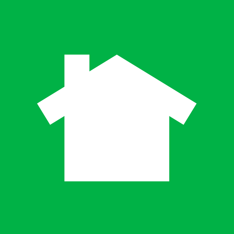 Green background with a white house icon featuring a chimney.
