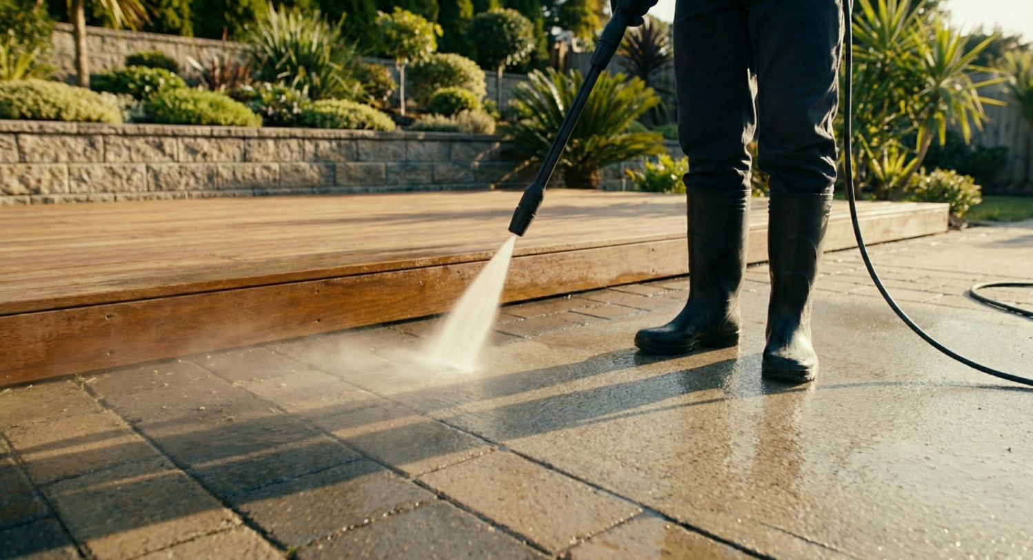 Person pressure washing a concrete patio outdoors, wearing black boots and pants, with a landscaped garden in the background.