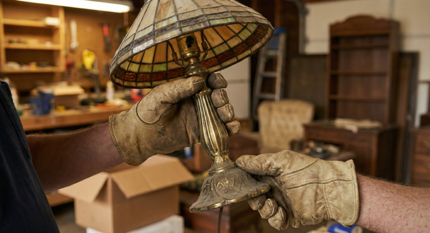 Two people wearing beige work gloves exchanging a vintage brass desk lamp with stained glass shade in a woodworking or antique shop.
