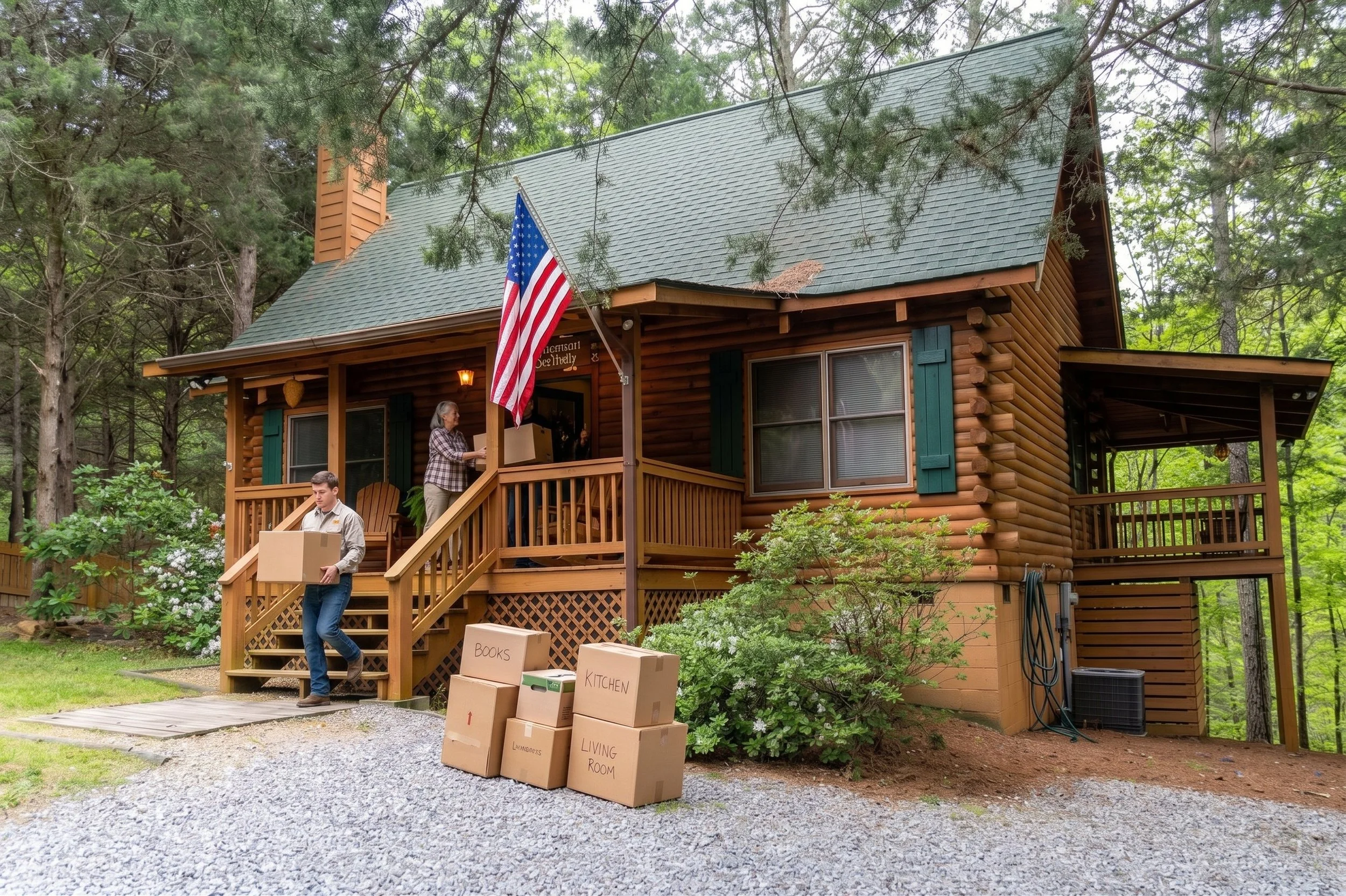 A log cabin house surrounded by trees with a porch, American flag, and people carrying boxes labeled 'Books', 'Kitchen', and 'Living Room', indicating moving activities.