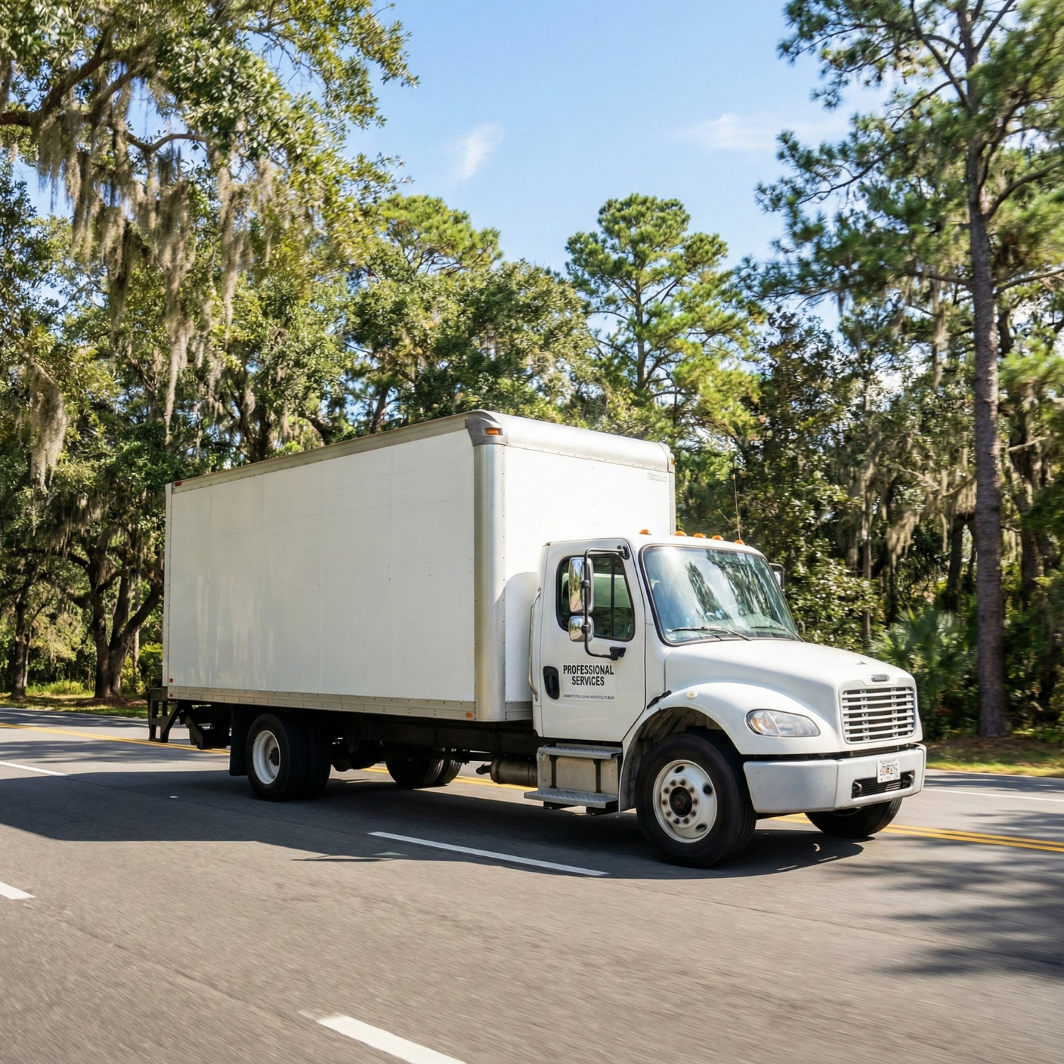 White moving truck on a highway surrounded by green trees under a blue sky.