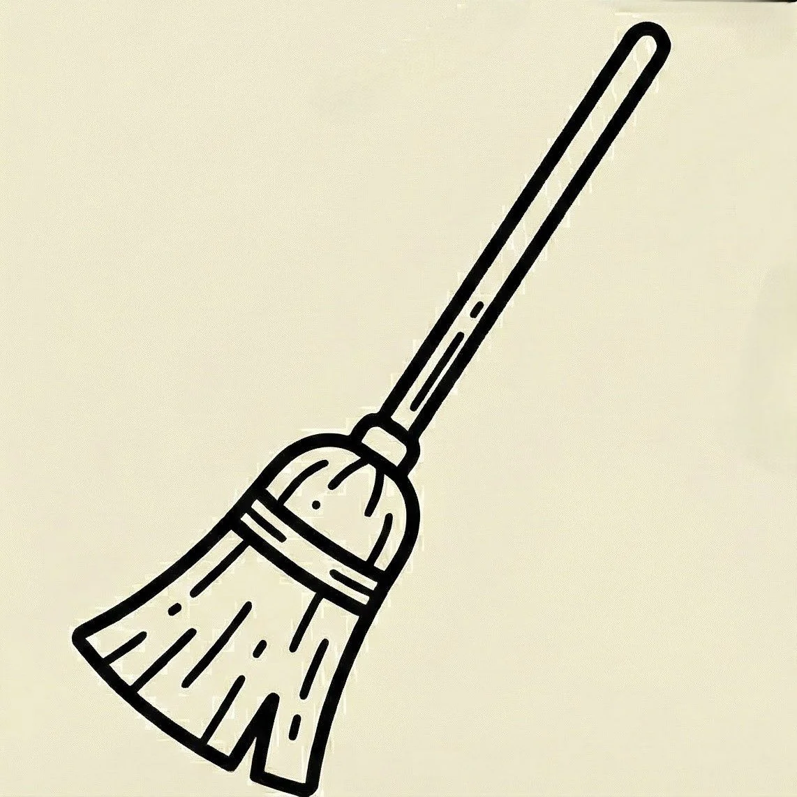 Line drawing of a broom with a long handle and a rounded brush head.