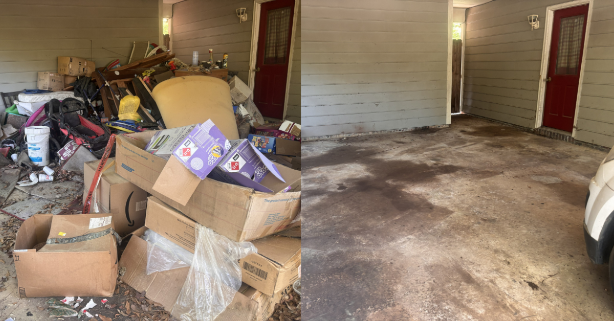 Comparison of two images: the left shows a cluttered porch filled with various trash and boxes; the right shows a clean, empty garage with a concrete floor and walls, and a part of a vehicle visible on the right side.