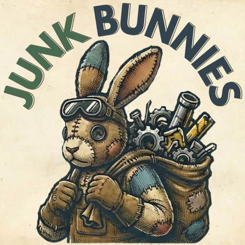 A stitched-up rabbit wearing goggles and a backpack full of tools, with the text "Junk Bunnies" above it.