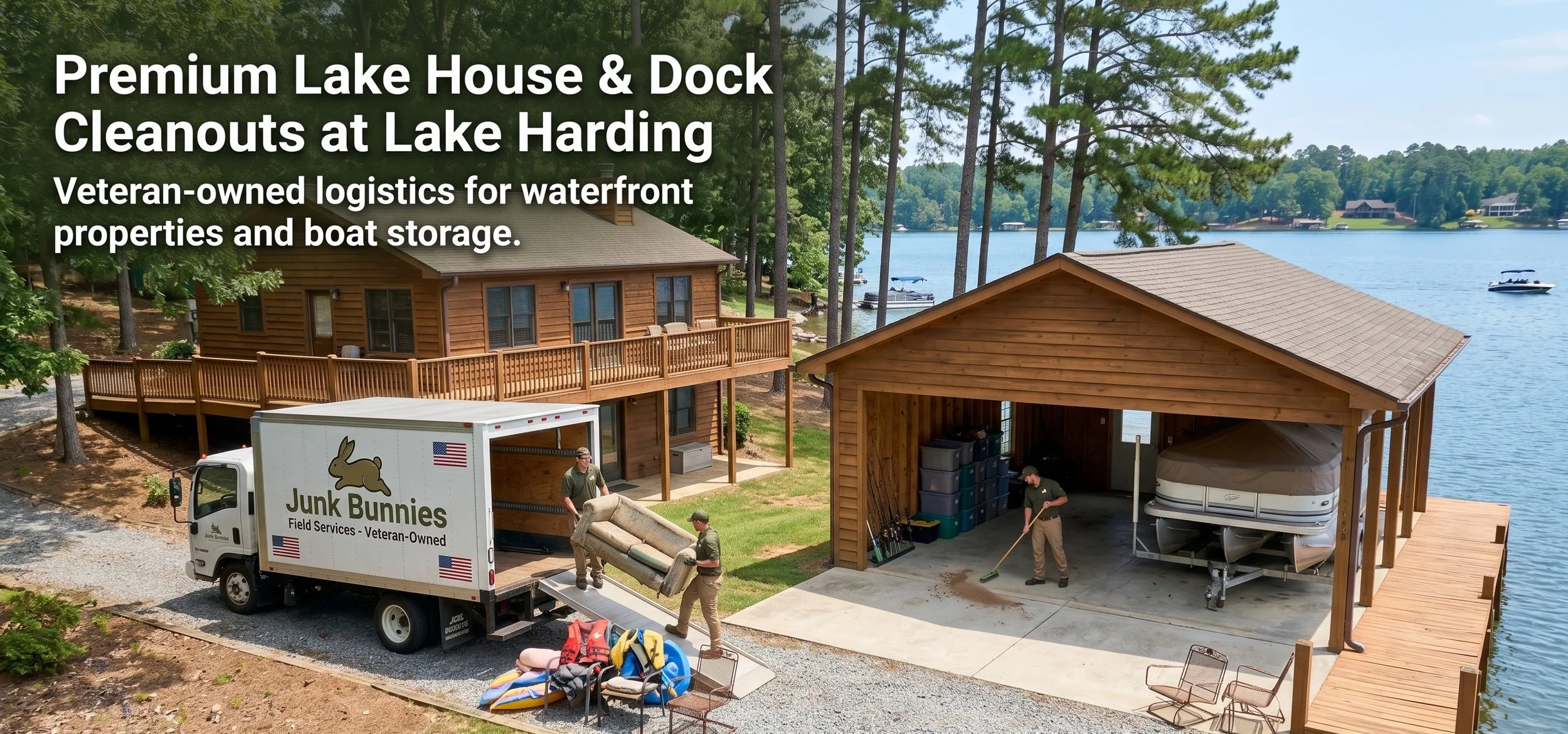 A lakeside property with a wooden cabin and a boat dock surrounded by trees, where workers are loading furniture and cleaning, with a delivery truck in the foreground and boats on the water in the background.