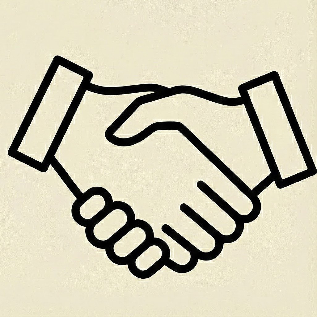 Line drawing of a handshake between two hands wearing long-sleeved shirts.