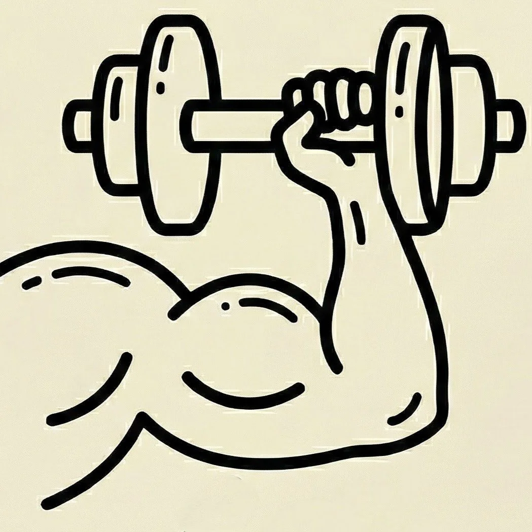 A line drawing of a flexed arm muscle holding a dumbbell, symbolizing strength and fitness.