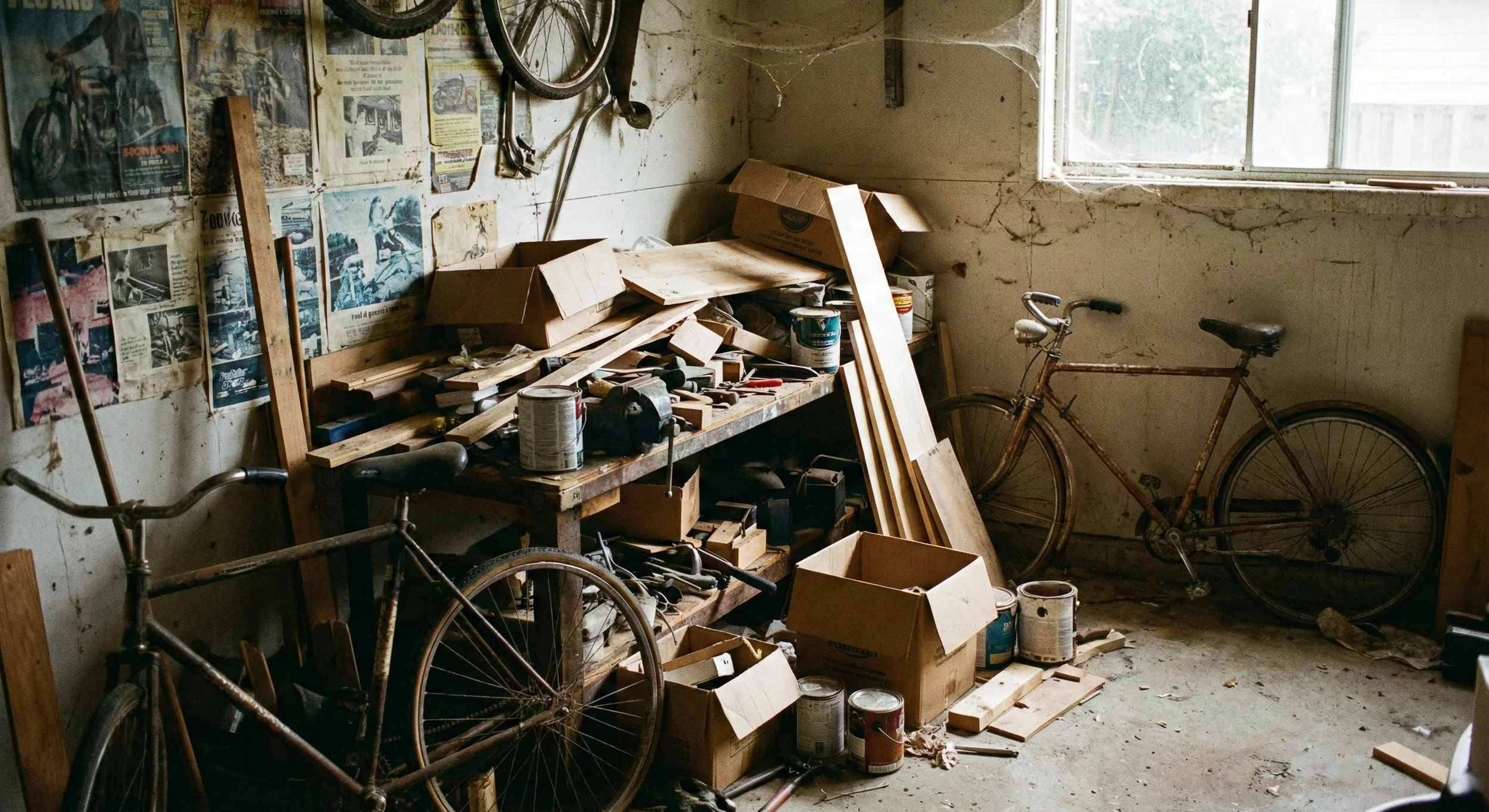 A cluttered workshop with bicycles, cardboard boxes, paint cans, and a workbench, with a window allowing natural light.