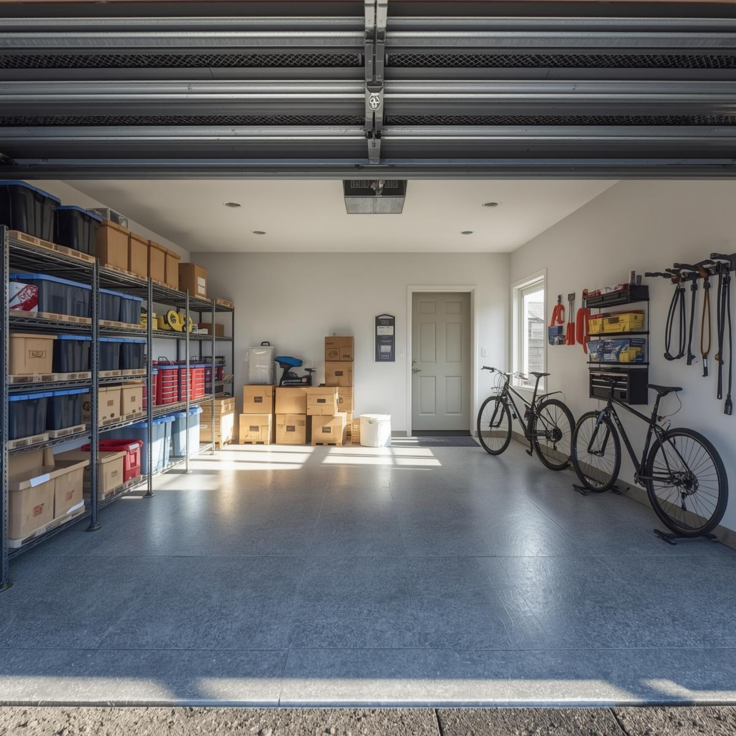 Inside a clean, organized garage with shelves containing storage bins, boxes, and tools, along with bicycles and hooks on the wall for hanging equipment.
