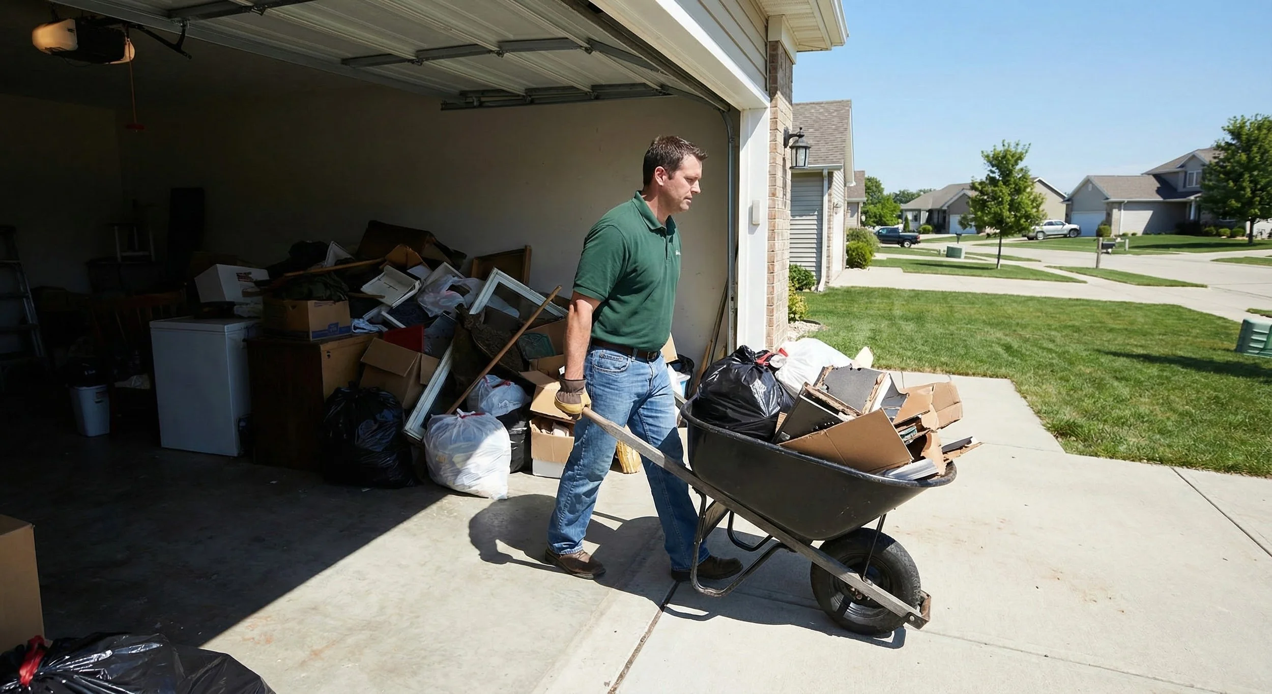 A man in a green polo shirt, jeans, and gloves is pushing a wheelbarrow filled with assorted boxes and trash outside of a garage, which is filled with piled clutter and household items.