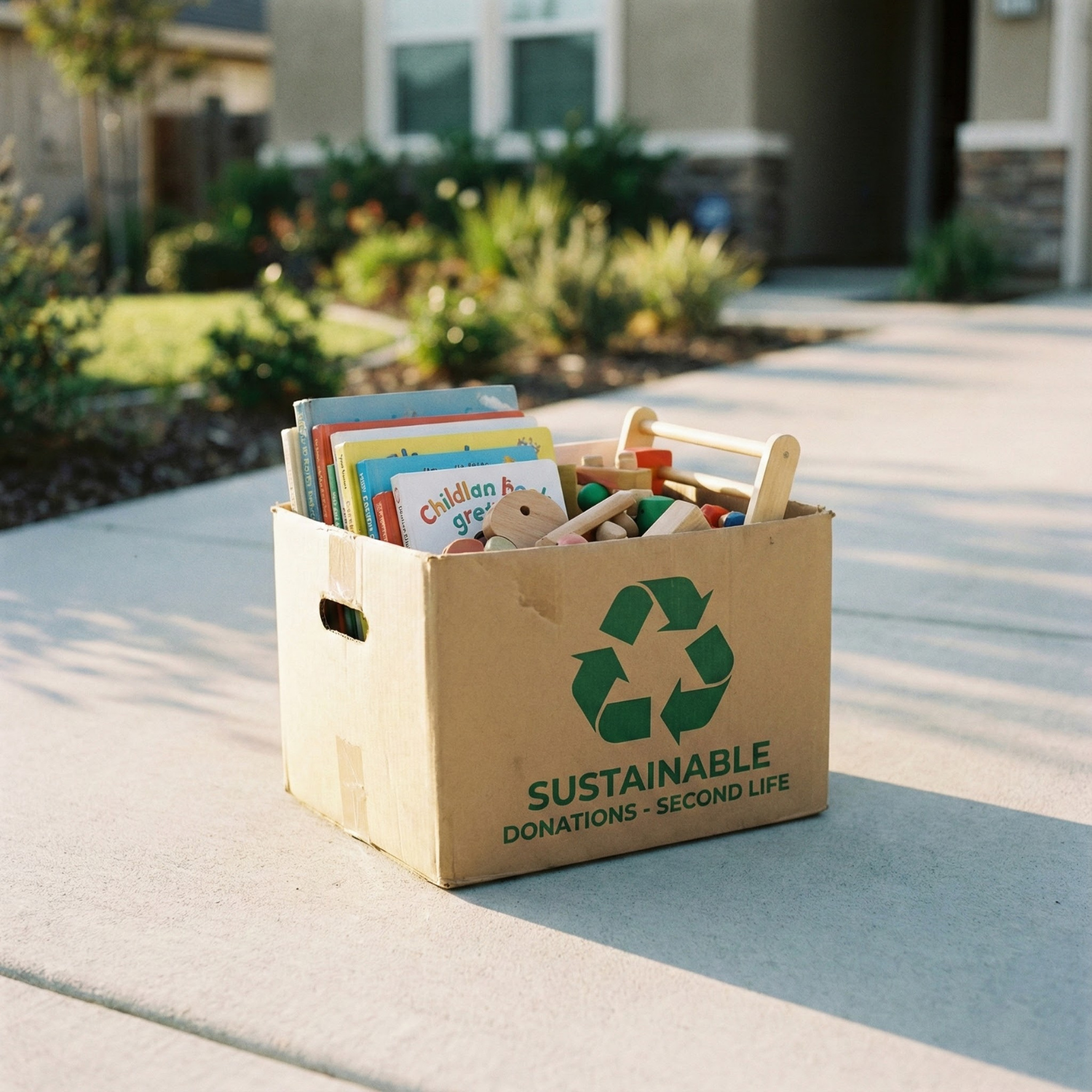 A cardboard box with a recycling symbol and the words "SUSTAINABLE DONATIONS - SECOND LIFE" printed on it, filled with children's books and wooden toys, placed on a sidewalk outdoors with a house and greenery in the background.