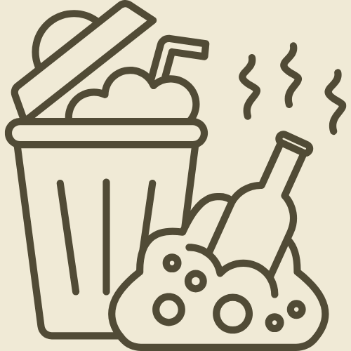 Illustration of a trash can with a lid, surrounded by steaming bottles and a pile of trash.