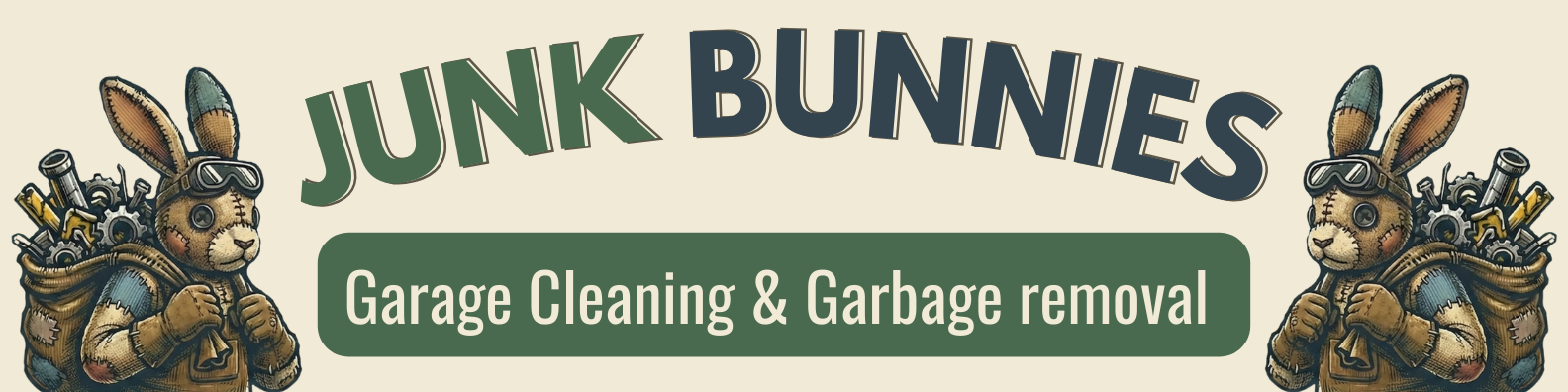 Logo for Junk Bunnies Garage Cleaning & Garbage Removal featuring two cartoon bunnies with goggles and tool bags.
