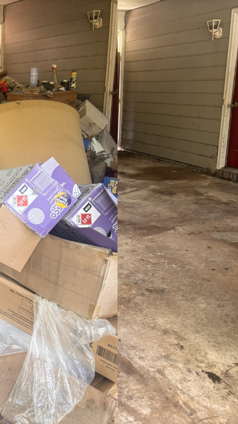Comparison of cluttered garage with boxes and stored items on the left, and an empty, clean garage floor on the right.