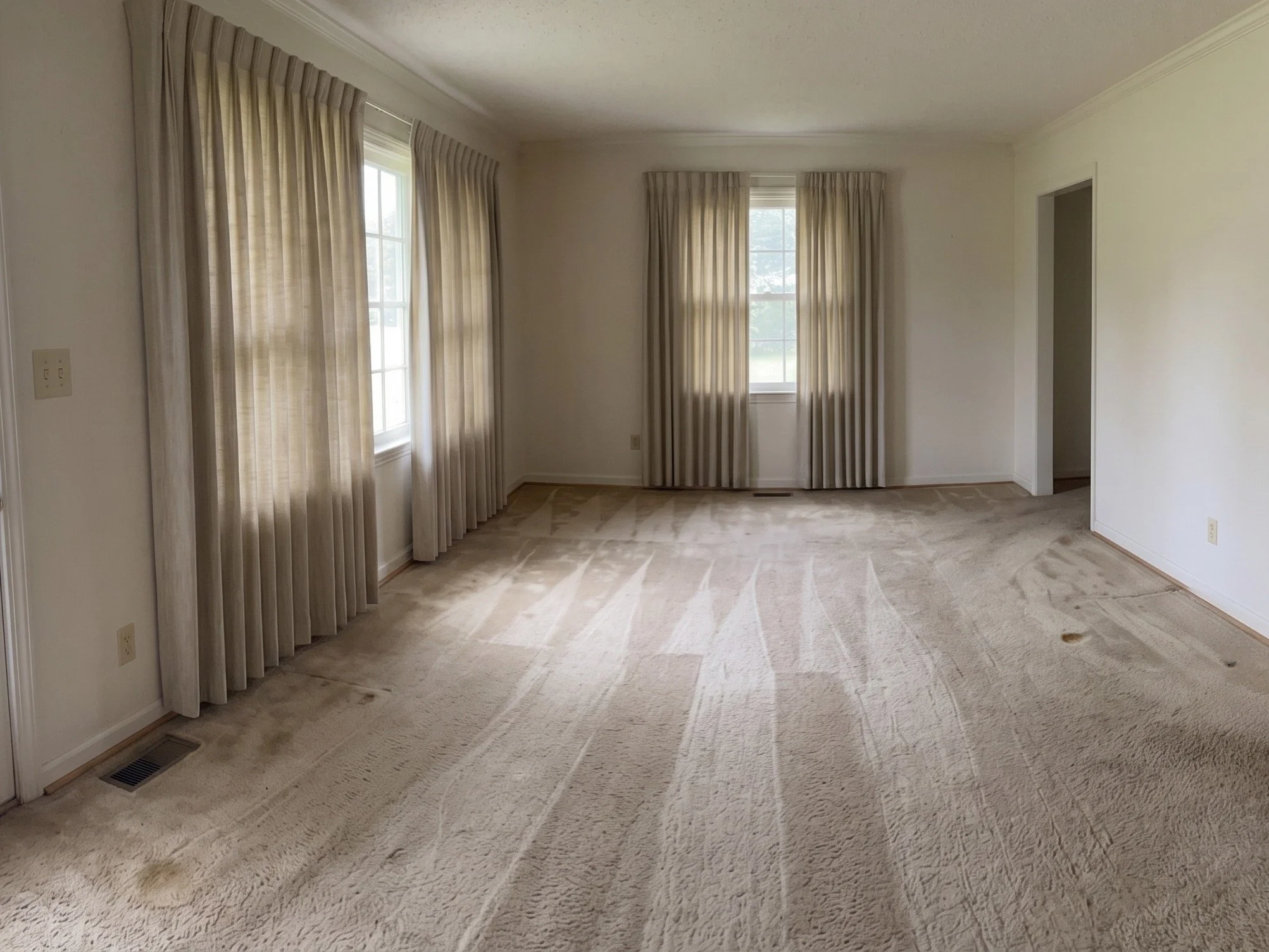 Empty living room with three windows with beige curtains, off-white walls, beige carpet, and a doorway.