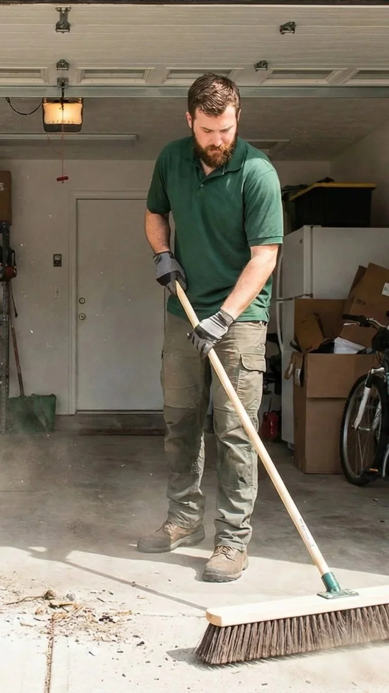A man sweeping the garage floor with a push broom. He is wearing a green polo shirt, khaki pants, and work boots, and has a beard and short dark hair. There are cardboard boxes, a bicycle, and a refrigerator in the background.