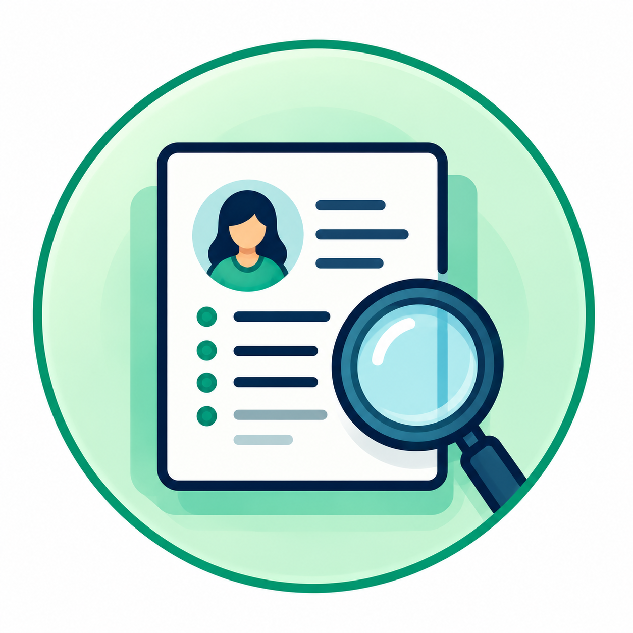 Illustration of a personal identification document with a profile photo and details, with a magnifying glass focusing on it.