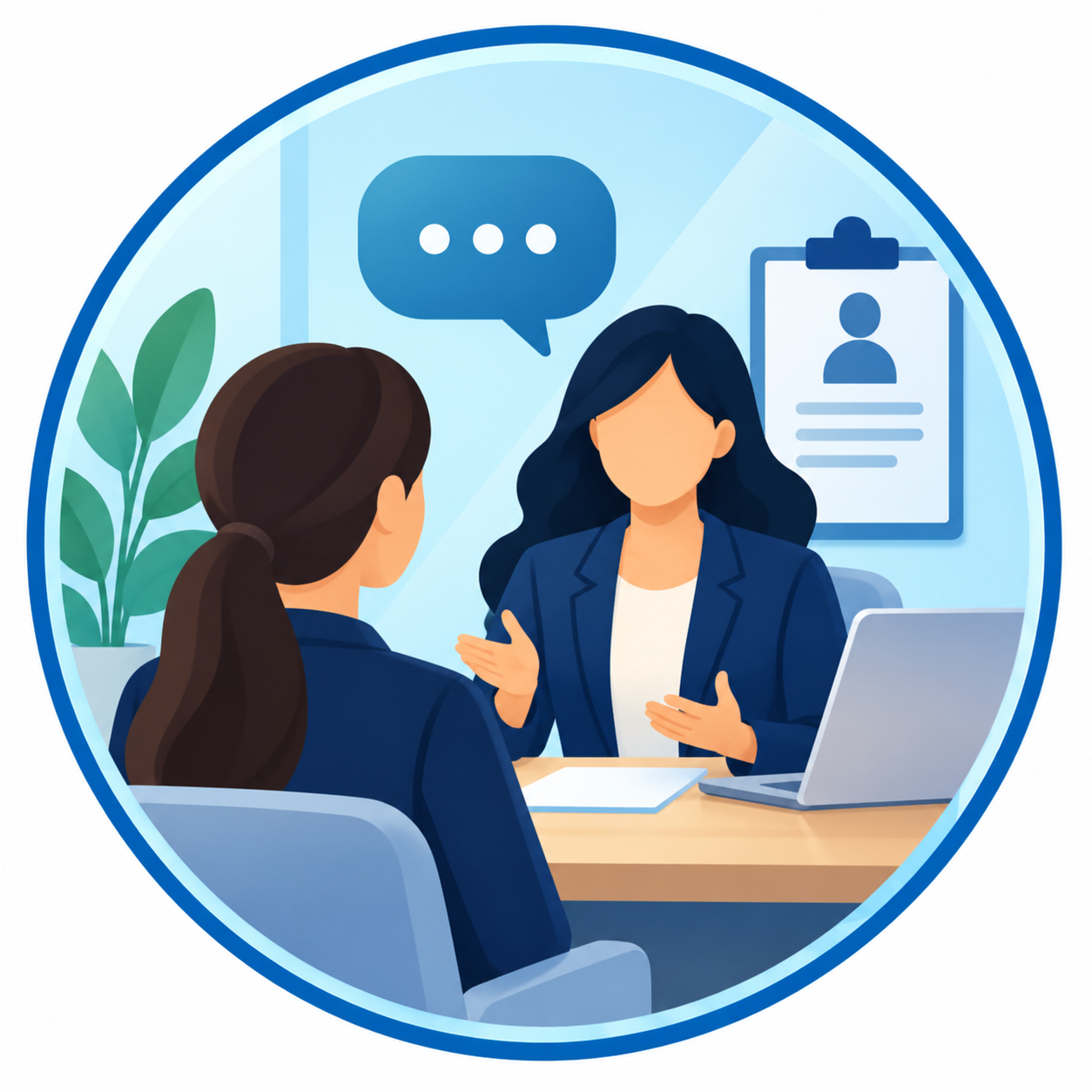 Illustration of two women in a professional office setting having a conversation. One person is talking, gesturing with her hands, while the other listens. A laptop, a potted plant, and a document or ID card on a wall are visible.