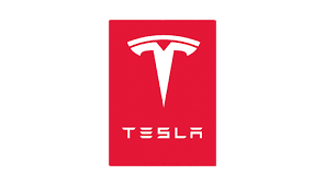 Tesla logo on a red background