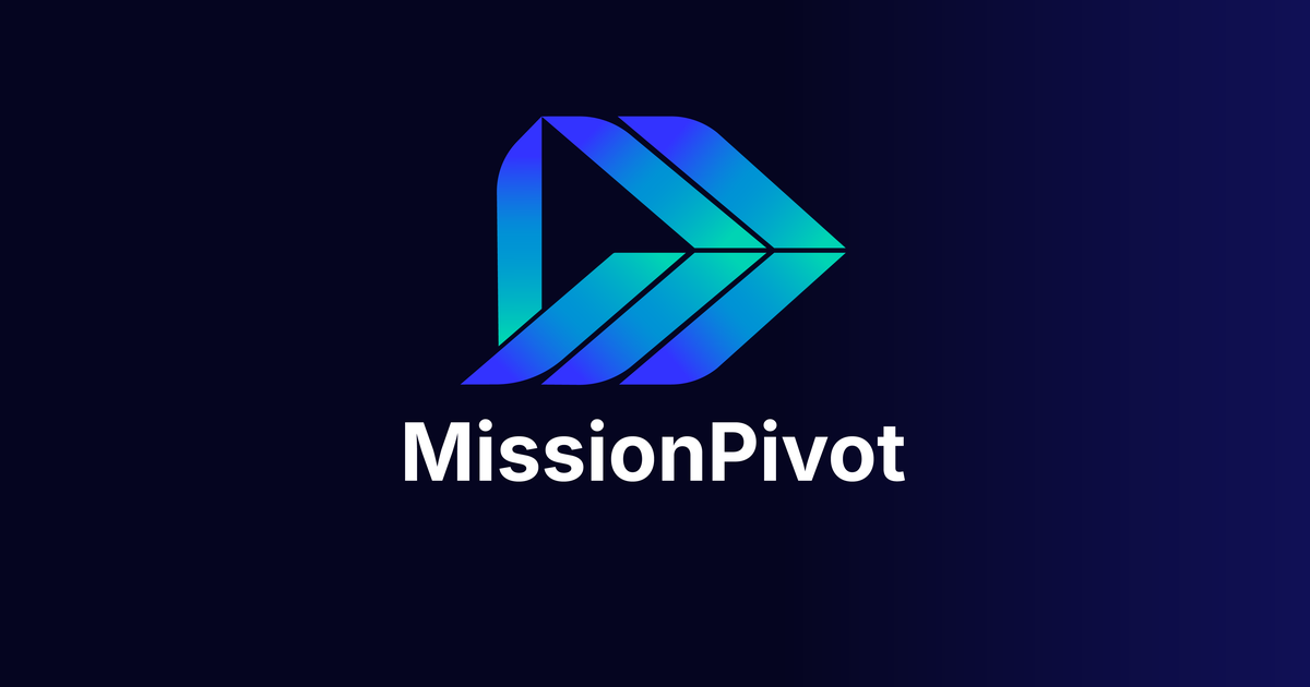MissionPivot logo with a stylized arrow and text on a dark gradient background.