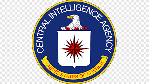 Seal of the Central Intelligence Agency with a white background, featuring a shield with a red compass rose, an eagle's head, and a banner reading 'United States of America'.