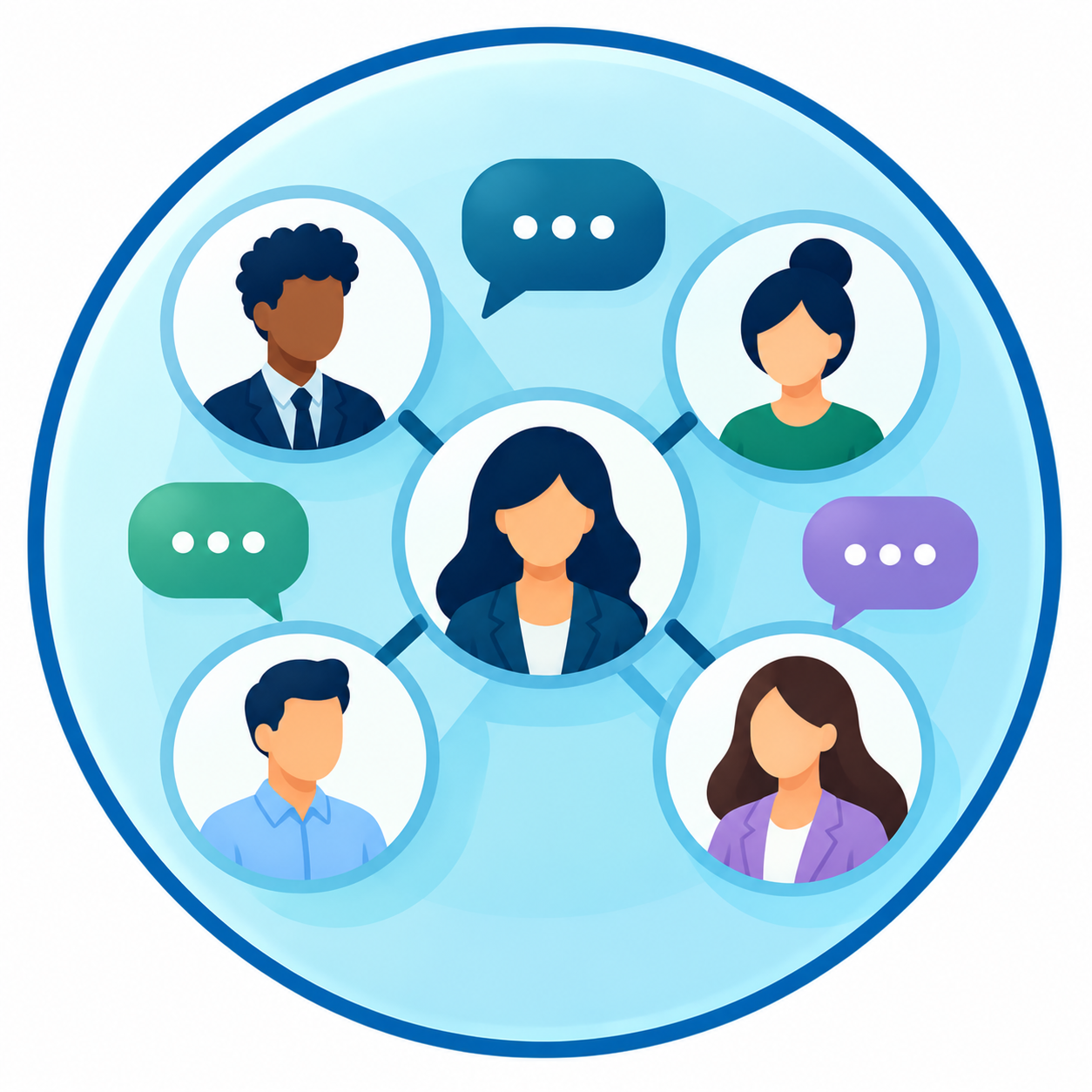 Illustration of a diverse group of people connected in a network with speech bubbles, representing communication or teamwork.