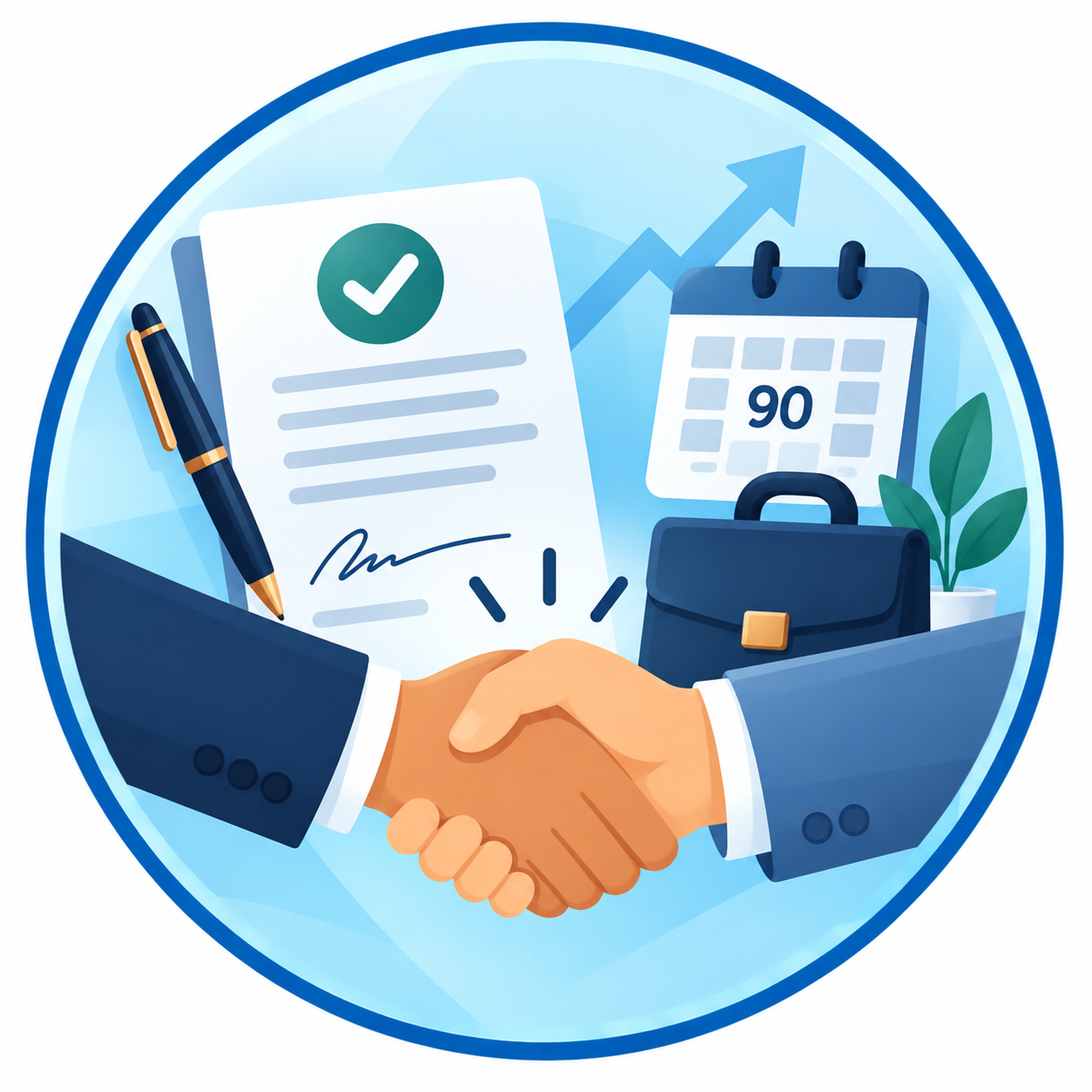 Illustration of a handshake between two business professionals with office items like a pen, a document, calendar, briefcase, and plant, symbolizing agreement or partnership.