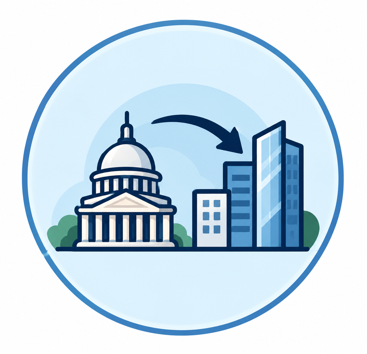 Graphic showing a government building on the left and modern office buildings on the right, with an arrow pointing from the government building to the office buildings.