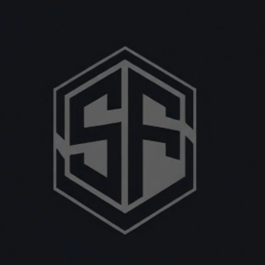 Black background with a gray monogram logo featuring the letters 'SF' inside a hexagon outline.