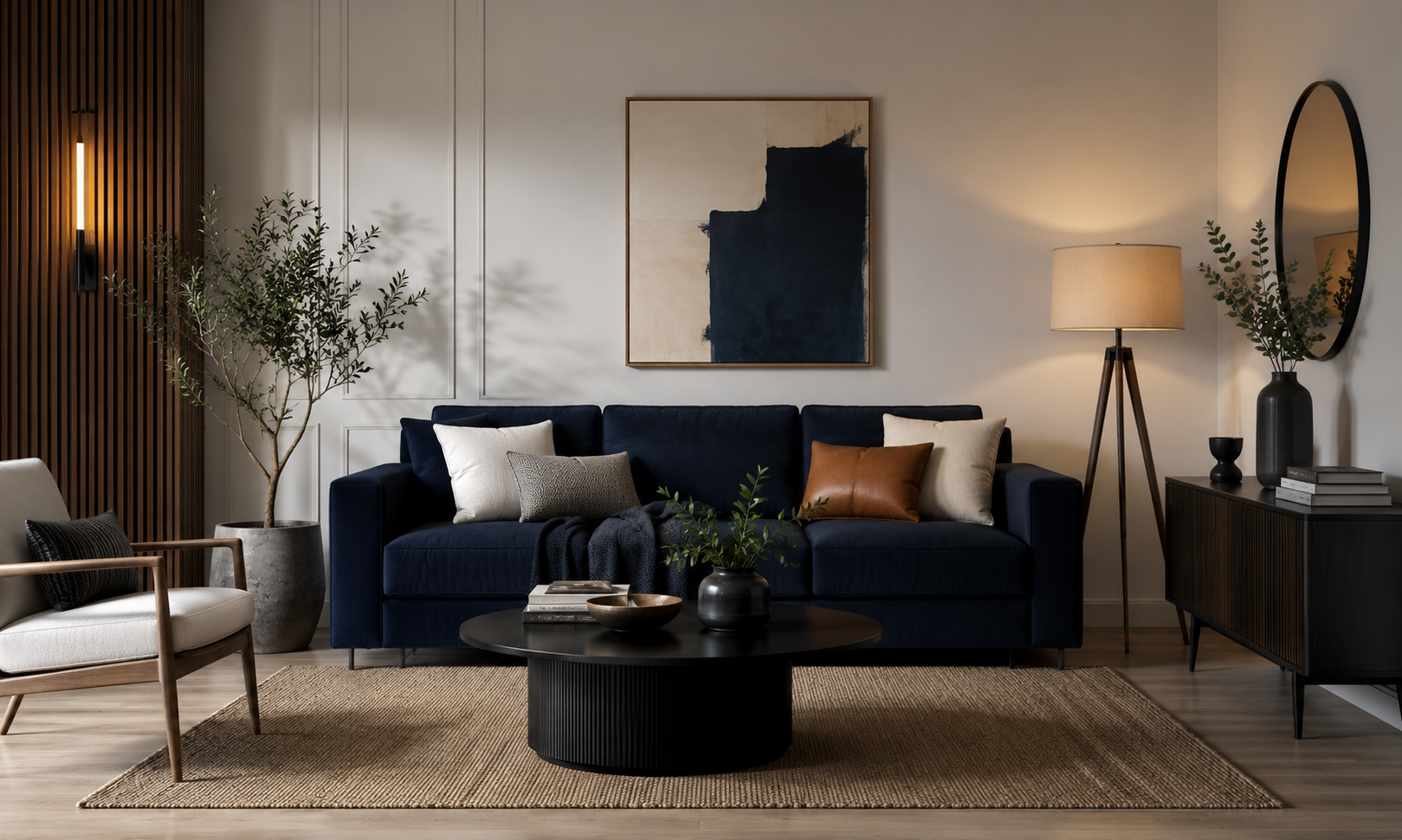Cozy modern living room with a navy sofa, beige and brown pillows, a black coffee table with books and a green plant, a white armchair with a black pillow, a wooden floor, a textured rug, a tall floor lamp, a black sideboard with a black vase, books, and a round mirror, and a large abstract painting on the wall.