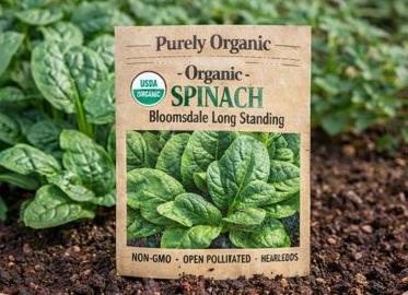 Purely Organic – Bloomsdale Long Standing Spinach Seeds  - This classic heirloom Spinach delivers rich, flavorful leaves that thrive in spring gardens. USDA Organic, Non-GMO, open-pollinated, and USA-grown for dependable, nutritious harvests.