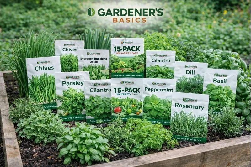 Grow your own fresh herbs right at home with the Gardeners Basics 15-Pack Seed Collection. Includes chives, green onions, parsley, cilantro, dill, basil, oregano, peppermint, rosemary, and more—perfect for raised beds, containers, and kitchen gardens