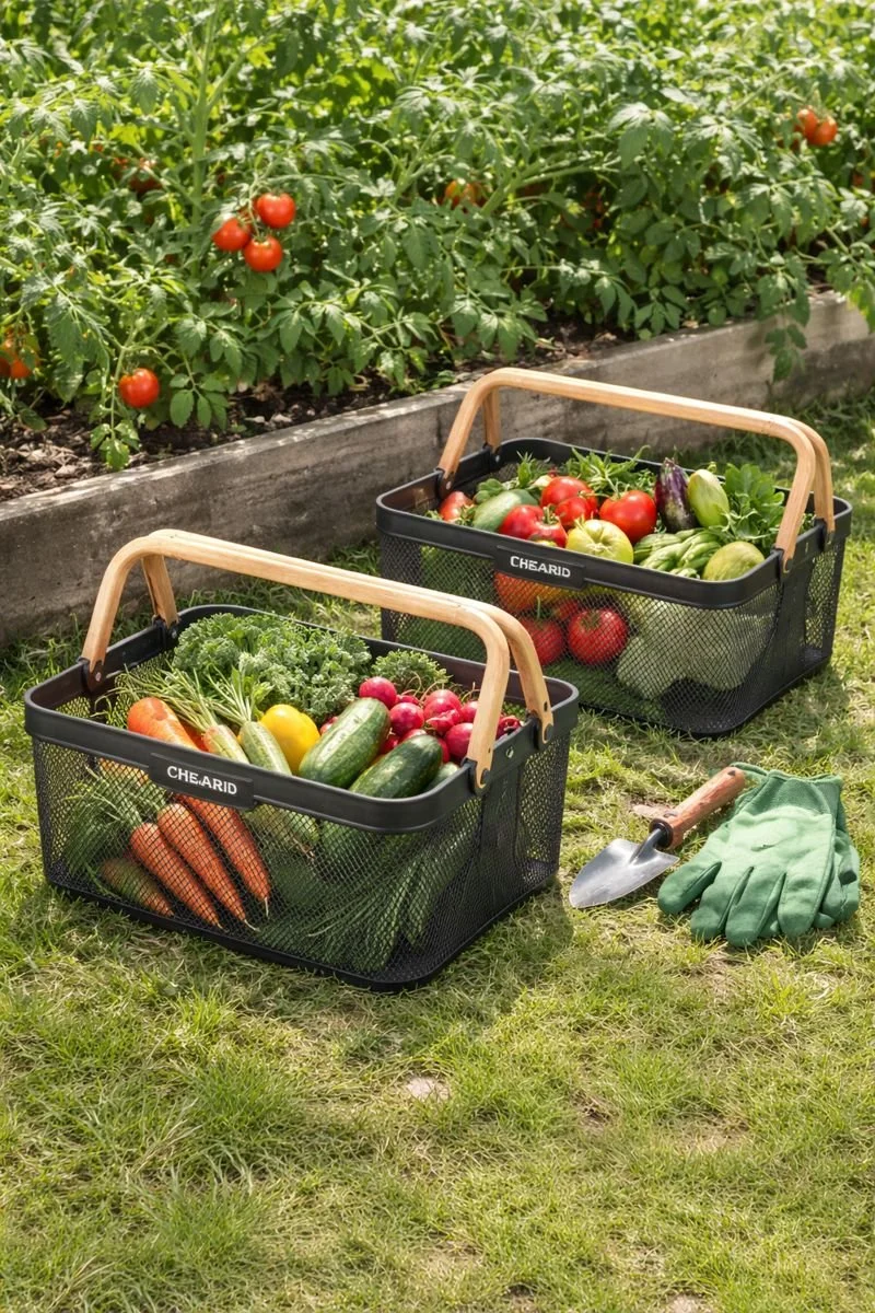 Cheardia Picnic & Harvest Baskets (2-Pack)
Metal mesh harvest baskets with foldable wooden handles. Perfect for collecting fruits, veggies, and flowers in style.